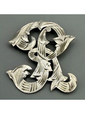 Initial R Letter Brooch Sterling Silver Etched Ornate Scroll Signed ASD Mexico